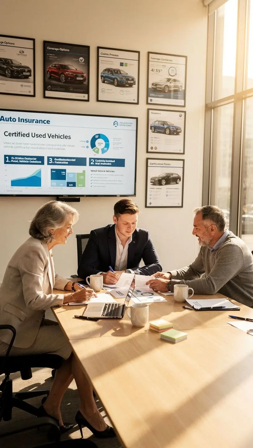 Illustration eines Autos mit Symbolen für Versicherungsschutz und Zertifizierungspunkte um das Fahrzeug herum.