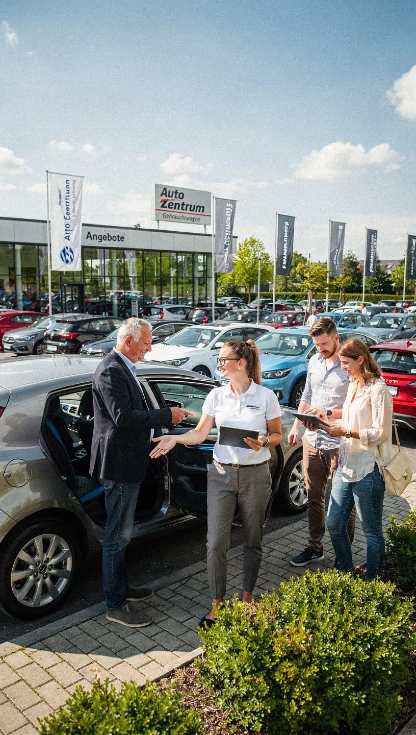 Ein Berater erklärt einem Kunden die verschiedenen Versicherungsoptionen für Gebrauchtwagen in einem Büro.